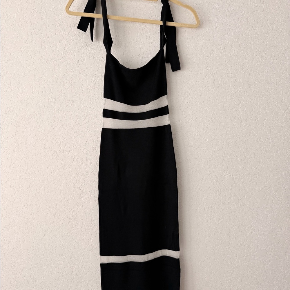 NBD Black and White Straps-Tied Bodycon Dress